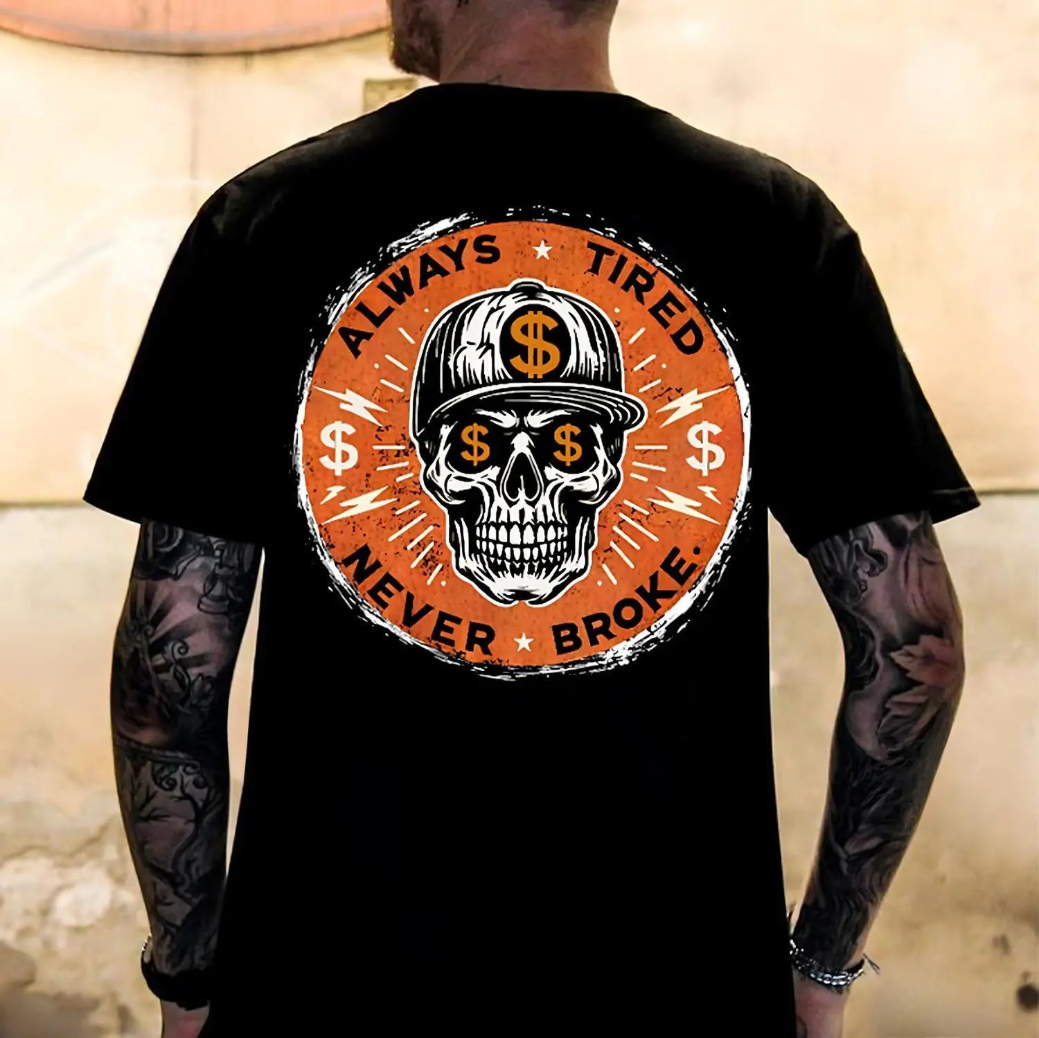 ALWAYS TIRED NEVER BROKE Skull Print Men's T-Shirt, Top Menswear, Cotton Tee Shirt Casual Streetwear