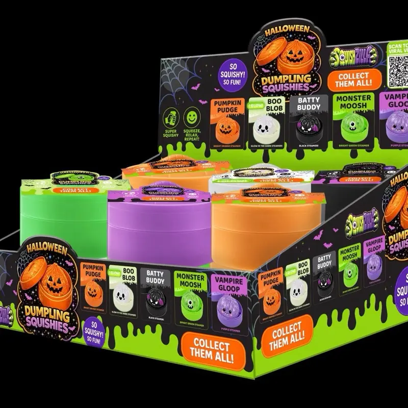 Fun Doh Squishville Halloween Themed Glitter Squishy Dumpling with Steamer Case - 1 Random Character, 4” Large, Anxiety Relief Products, Decompression Squeeze, Sensory Stress Reliever, Stress Relief Gadget, Sensory Calming Tool