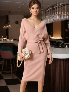 INSPIRE CHIC V Neck Wrap Sweater Dress Batwing Sleeve Backless Midi Knit Dress With Belt