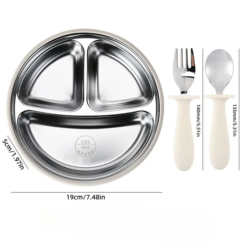 Grid Plate Children's Stainless Steel Deepened Tableware Toddler Utensils Food Grade Silicone Anti-drop Suction Cup Bowl Fork Spoon Set Toddler Dinnerware Set