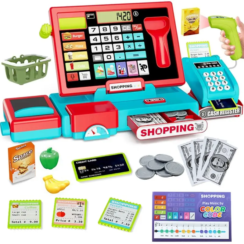 Educational Cash Register Set, Complete Toy Store Costume, Includes Calculator, Scanner Guns, Play Money, Food, Role-Playing for Kids, Pretend Play Set, Playset