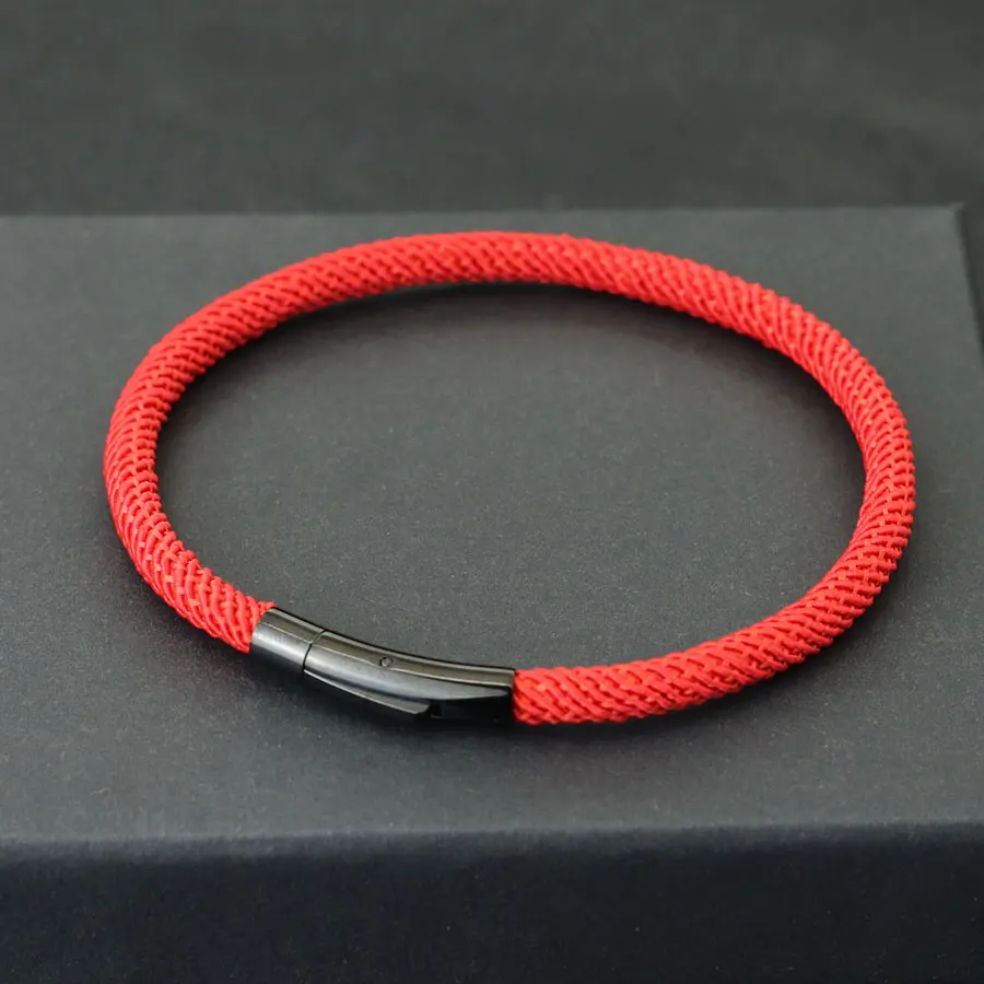 Simple Style Lucky Red Bracelet Men Women Stainless Steel Snap Fastener 4mm Fabric Braslet Gifts For Him Pulsera Homme Bangle