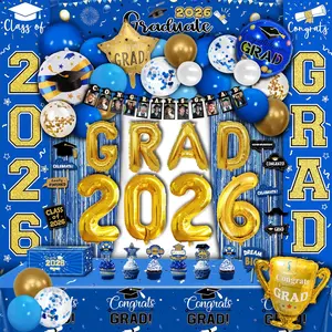 125 PCS Blue and Gold Graduation Party Decorations, 2026 Graduation Decorations, Class of 2026 Full Decor Set, Comgrats Grad Photo Banners, Tablecloth, Balloons, Cake Toppers