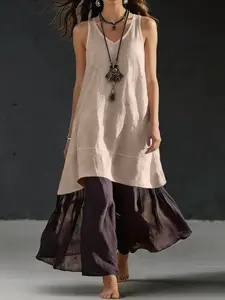 Summer Boho Dress for Women, Sleeveless V Neck Retro Patchwork Long Dress, Loose Fit Summer Patchwork Tank Dress, Casual Vacation