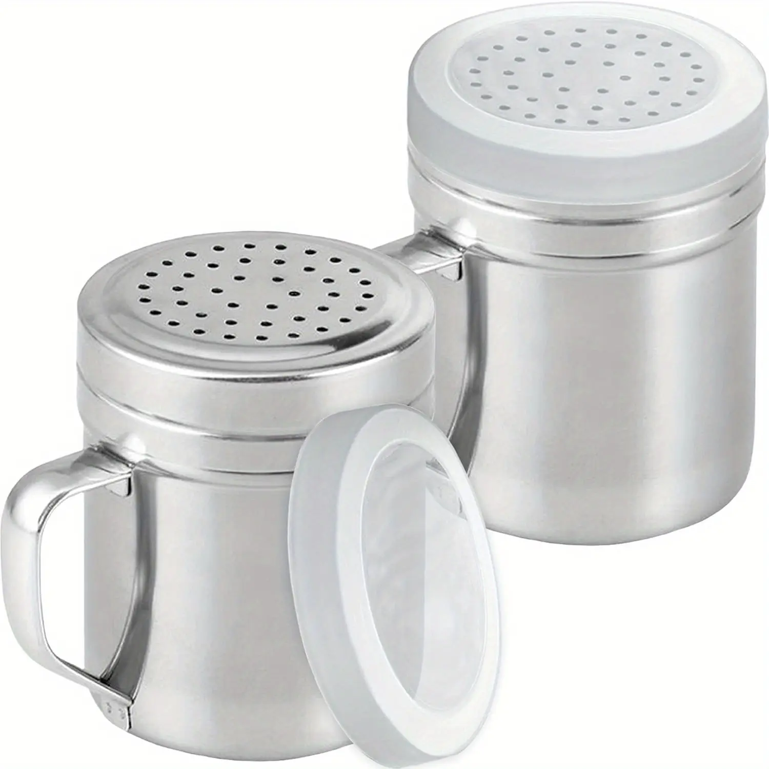 Set of 2 Stainless Steel Salt And Pepper Dispensers with Handles - 10 Ounces, Medium Design, Seasoning Containers, Spices Containers Featuring Holes And Lids for Kitchen Application, Kitchenware, Salt Pepper Shaker