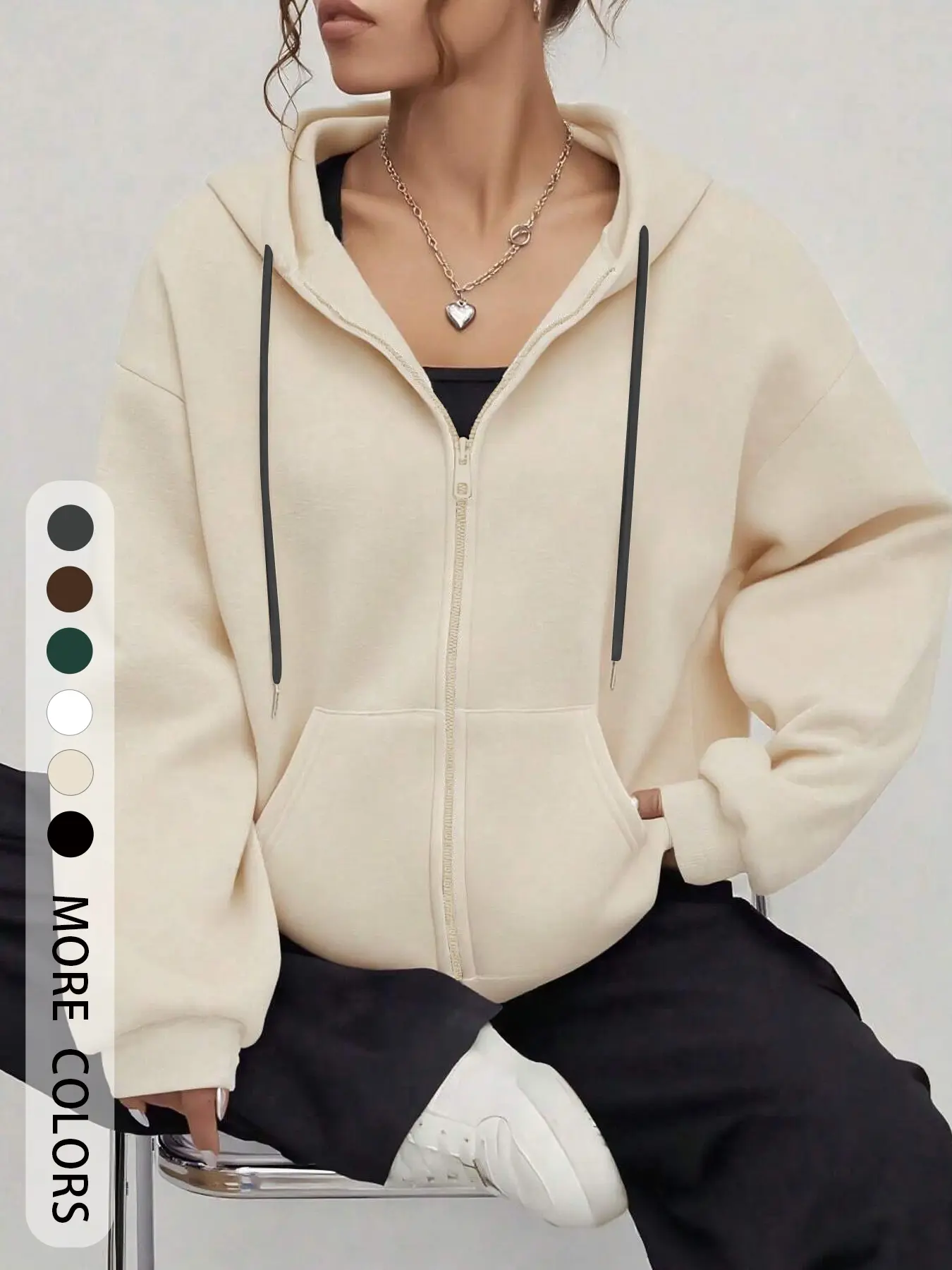 Women's Solid Color Drawstring Zipper Cardigan Hoodie, Pocket Design, Casual Everyday Loose-Fitting Basic Long Sleeve Sweatshirt for Fall & Winter, Tops