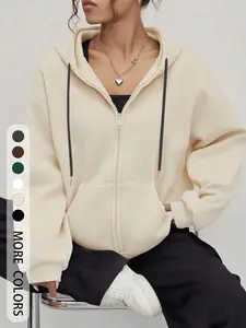 Women's Solid Color Drawstring Zipper Cardigan Hoodie, Pocket Design, Casual Everyday Loose-Fitting Basic Long Sleeve Sweatshirt for Fall & Winter