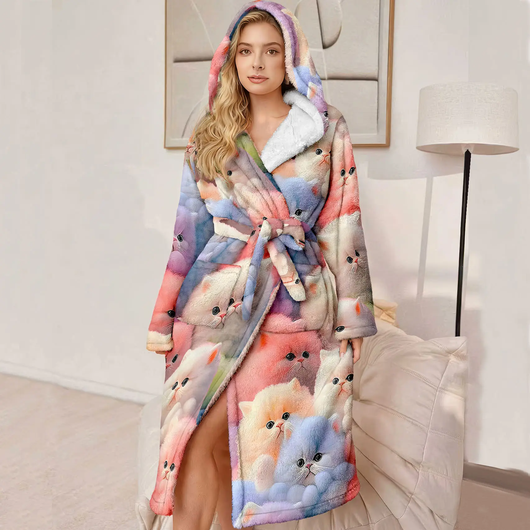 Plus Size Women's Hooded Luxury Bathrobe, Ultra-Comfortable Fleece Robe with Belt and Pockets, Macaron Color Cat Pattern, Winter Gift