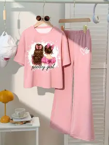 Girls' Summer Round Neck Short Sleeve T-Shirt Set with Cartoon Print and Casual Bell Bottoms, Outdoor Wear, Loose-Fitting