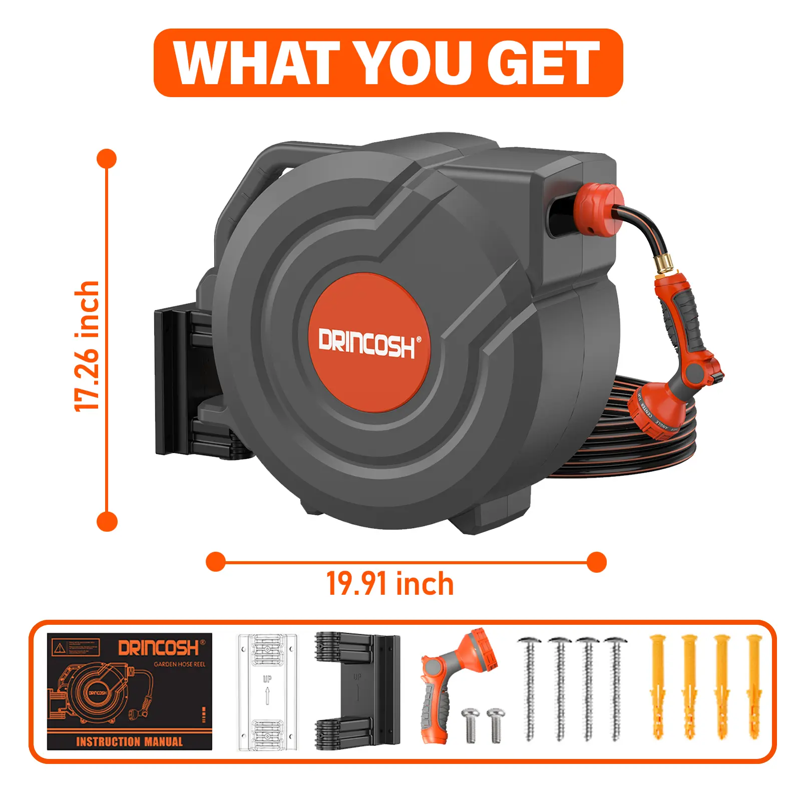 【FathersDayGift】DRINCOSH Retractable Hose Reel 100ft 1/2 inch Garden Water Hose Reel with 9-Pattern Nozzle Automatic Rewind Any-Length Lock Slow Return System 180° Swivel Bracket Wall-Mounted
