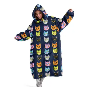 hoodie blanket，Wearable Blanket、Cozy Hooded Blanket, Soft Flannel Blanket with Digital Print, Wearable Hooded Throw, Warm Cat Pattern, Ideal for Home, Office, Travel, Holiday Gifts、Christmas Gift,Valentine's Day gift
