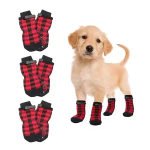 Four-Pack Dog Socks, Warm, Scratch-Resistant, Non-Slip, Long Boot Covers for Medium to Large Dogs, Indoor, Non-Slip, Christmas Style