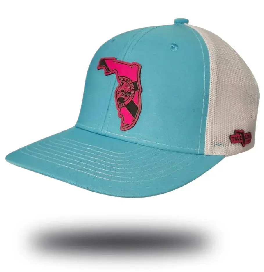 Florida Pride Trucker Hat – Neon Pink Leather Patch on Sky Blue Snapback