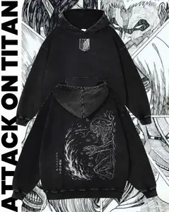 Attack on Titan Hoodie, 2 sided Eren Yeager Graphic, Snow Washed, Winter Warmth