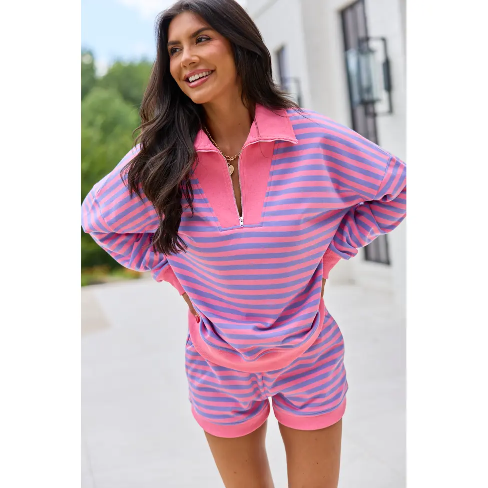 Keep It Easy Purple And Pink Striped Quarter Zip Pullover