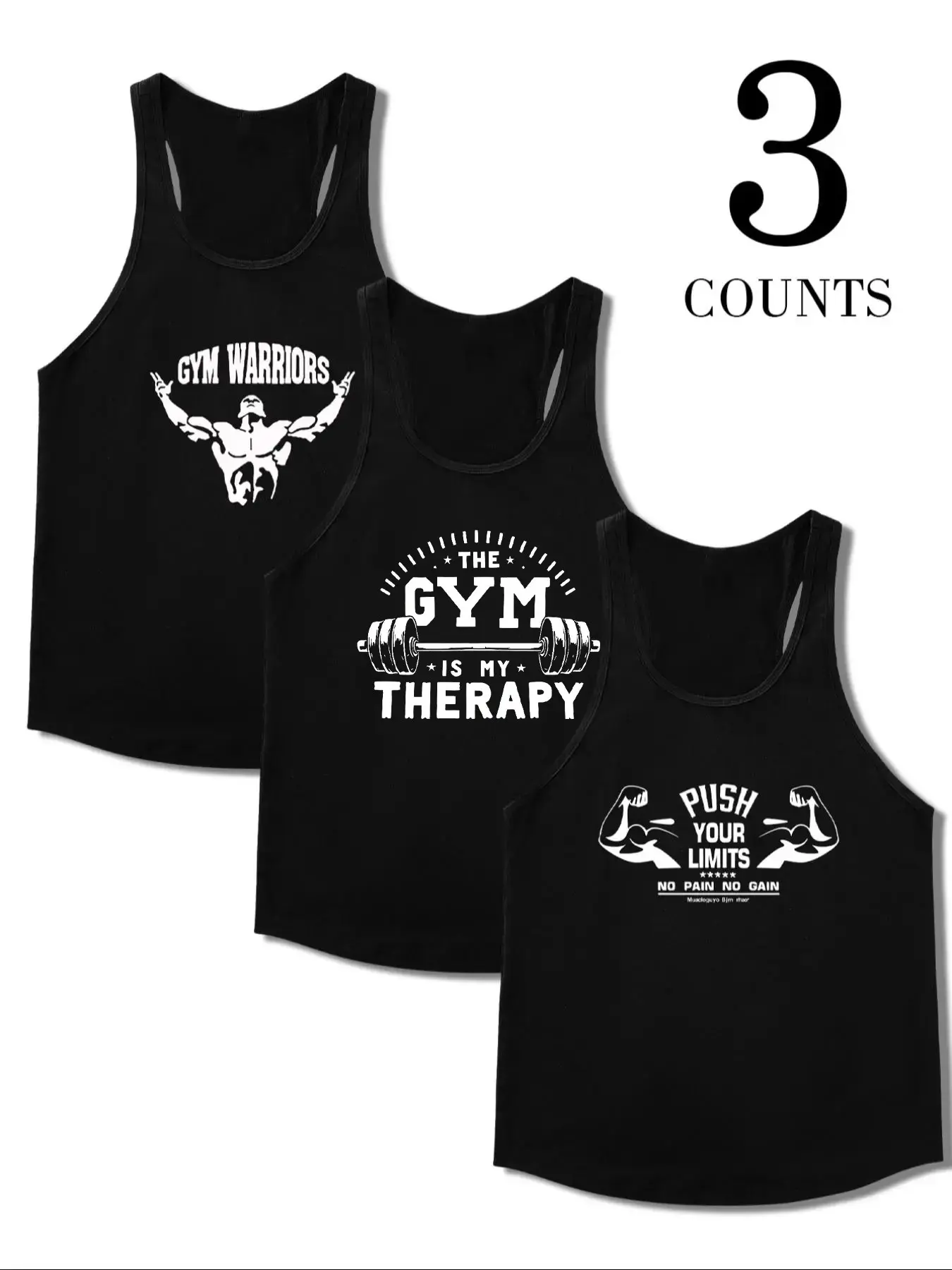 Men's 3-Piece Gym Motivation Tank Top Set, Workout Warrior/my Therapist/breakthrough Print, Soft Breathable Fabric, Sleeveless Summer Casual Wear, Gym Clothes, Workout Gym Clothing, Sleeveless Gym Tops, Sporty Tank Top, Gymwear Tanks