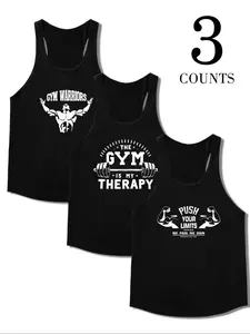 Men's 3-Piece Gym Motivation Tank Top Set, Workout Warrior/my Therapist/breakthrough Print, Soft Breathable Fabric, Sleeveless Summer Casual Wear, Gym Clothes