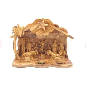Nativity Musical Christmas 13 inch cave Jesus Birth Olive Wood Bethlehem Carved
