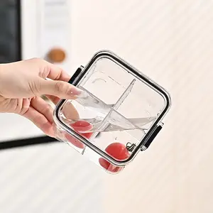 Plastic Square Food Storage Container with Lid, 4 Compartment Airtight Sealed Clear Storage Jar, Round Corners, Stackable Containers, Kitchen Use, Transparent Material