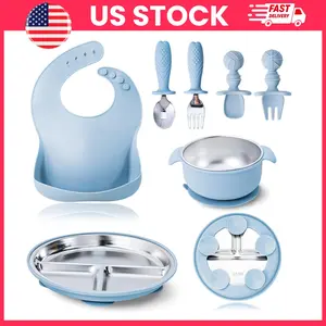 Baby Feeding Set 7 Pieces Stainless Steel Toddler Dinnerware with Suction Plate Bowl Spoon Fork Silicone Bib Self Feeding Utensils Set Dishwasher Safe Kids Tableware Baby Essentials Mealtime Set for Toddlers Infant Feeding Supplies Gift for New Parents