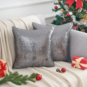 REGALWOVEN Sequin Throw Pillow Covers, Pack of 2 Square Glitter Decorative Pillow Cases Personalized Cushion Covers for Bed Sofa Bedroom Living Room Home Decor 16 x 16 Inch Gray