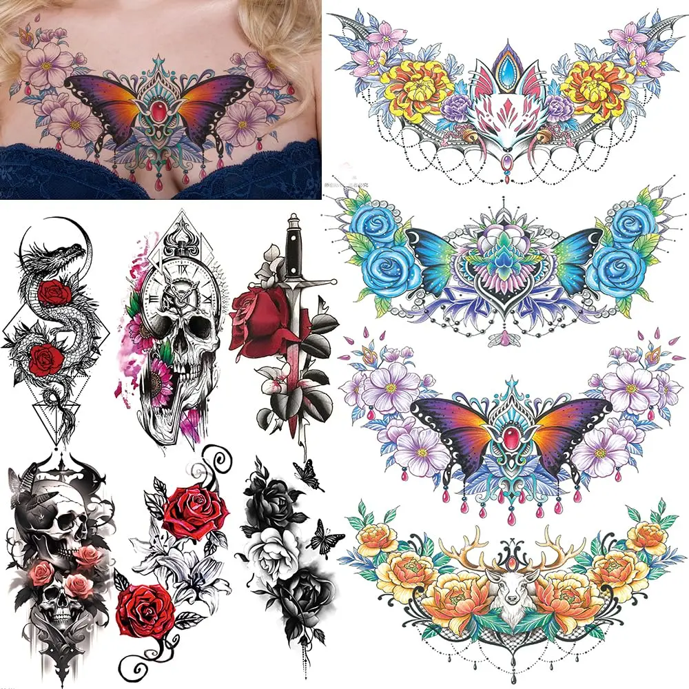 10 Sheets Sexy Temporary Tattoos for Women Girls, Include 4 Sheets Chest Large Tattoo Stickers Butterfly Fox Deer, 6 Tattoos Stickers Rose Skull, Adults Waist Fake Tattoos