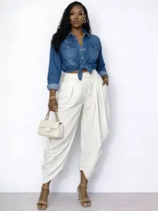 Solid Draped Heram Pleat Fitted Pants (Sunset Orange / Sandy White)