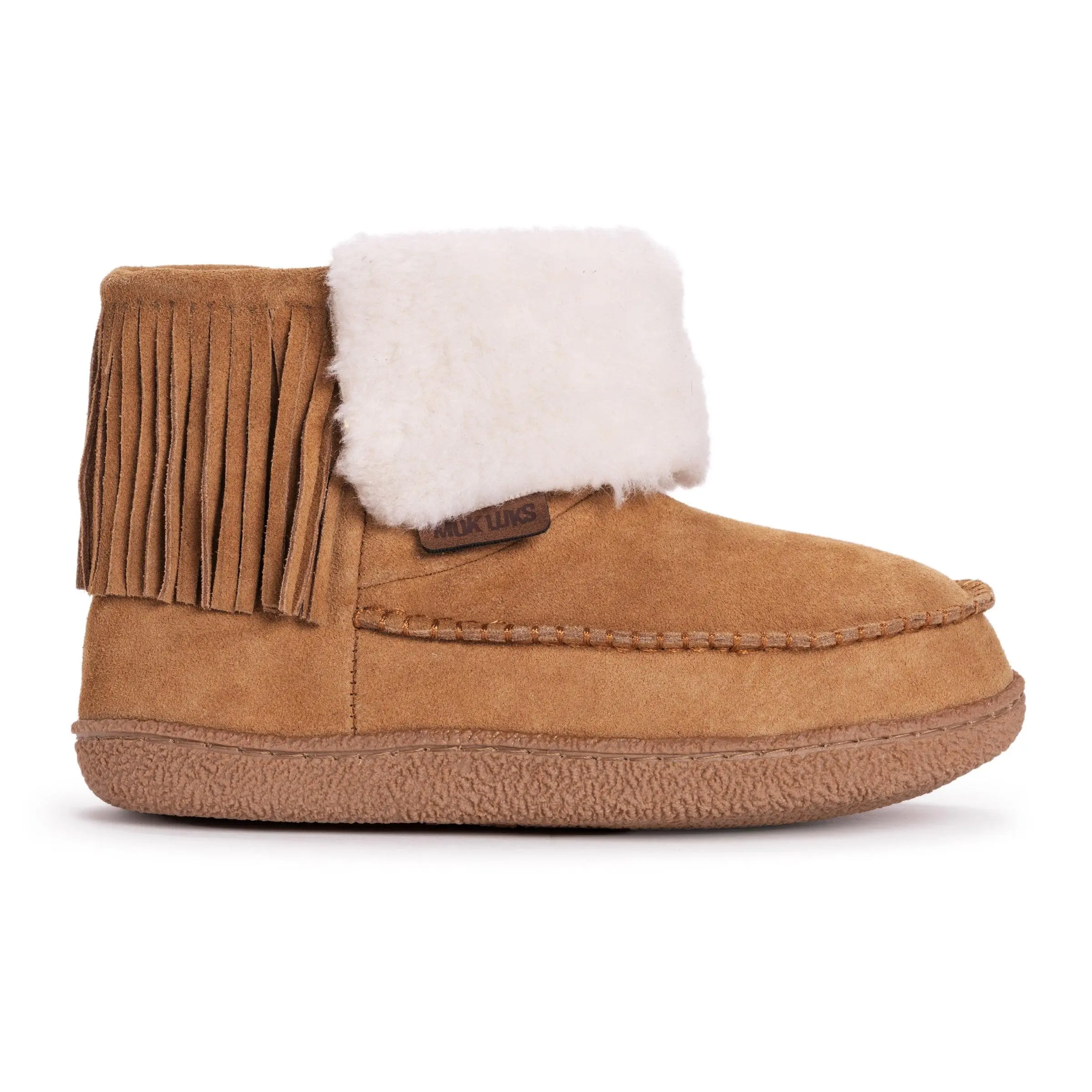 Muk Luks Women's Veroni Cam Slip-On Full Coverage Ankle Bootie Slippers - Cow Suede Upper, Warm Wool Blend & Faux Fur Lining, Indoor-Outdoor TPR Sole