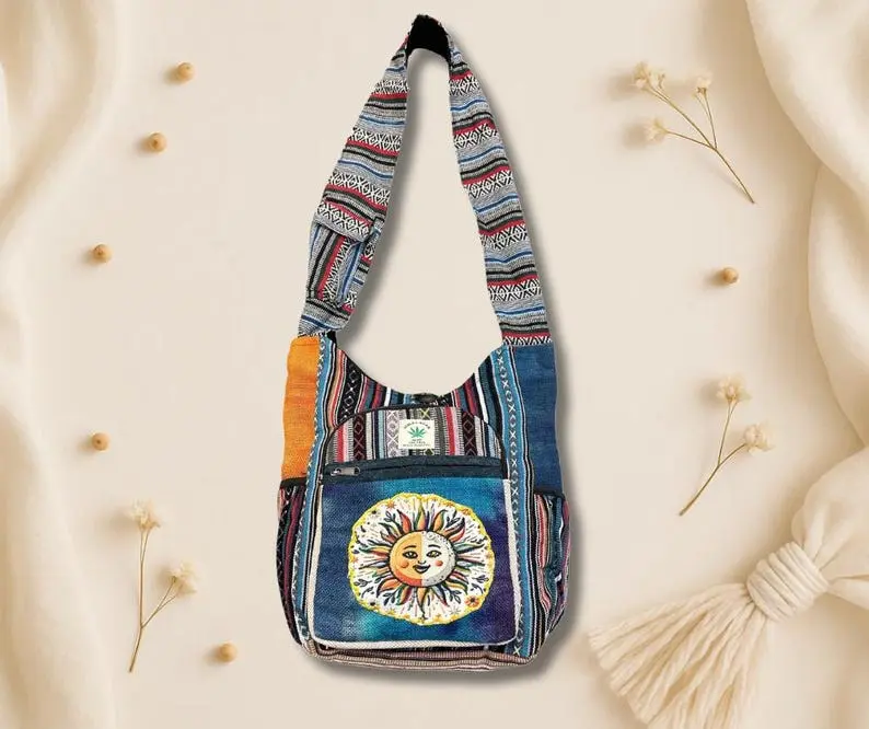 Hemp Tie Dye Pocket Sun crossbody shoulder bag , eco-friendly, multi-compartment, durable boho hippie gift