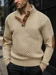 Men's Autumn Winter Warm Casual Chic Knitwear Knit Sweater, Business Casual Half Button Neck, Elbow Wear-Resistant Patchwork, Daily Commute Top