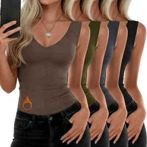4 Pack Women's Thermal Tank Tops V Neck Fleece Lined Underwear Top Sleeveless Warm Cami Base Layer Vest