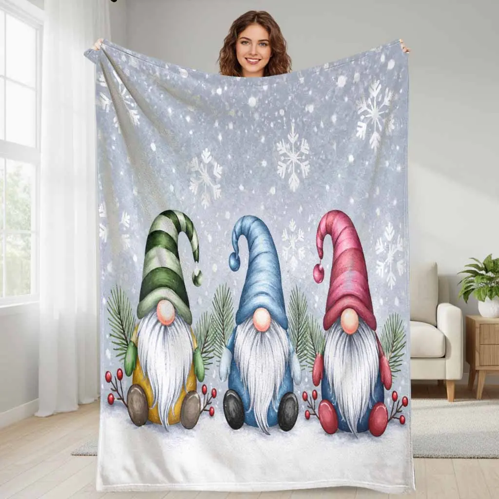 Christmas Gnomes Flannel Fleece Blanket Watercolor Snowflake Nordic Pattern Super Soft Cozy Lightweight Warm Plush Throw Perfect For Holiday Living Room Decor Bedroom Bedding Sofa Couch Gift