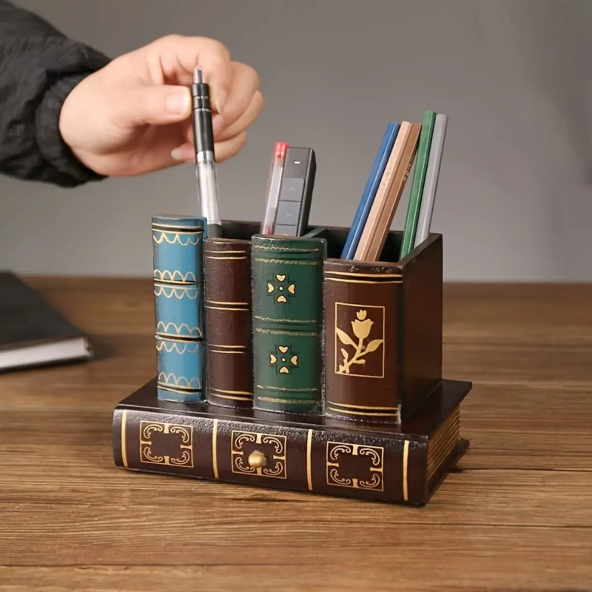 Retro Book Style Desk Pen Holder, Dark Wooden Organizer Box, Multi Section Stationery Storage Rack, Study Office Desktop Decorative Organizer, Office Desk Accessory, Desk Accessories, Desk Organizers, Practical Gift Idea