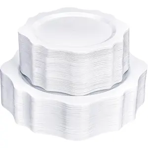 100 count White Disposable Plates for 50 Guests, Scalloped Plastic Plates Include 50 Dinner Plates and 50 Dessert Plates for Party, Wedding