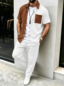 Men's Color Block Waffle Knit Shirt Casual Set, Menswear, Light Business Style, Draped & Stylish, Fashion, Urban Office Commute