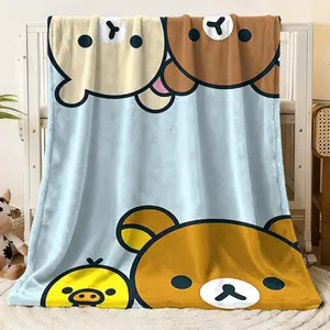 Cute Cartoon Character Print Flannel Blanket - Soft & Cozy Throw for Bed, Couch or Sofa. Featuring Adorable Rilakkuma & Friends Designs Like Light - Colored Rilakkuma, Brown Rilakkuma, Yellow