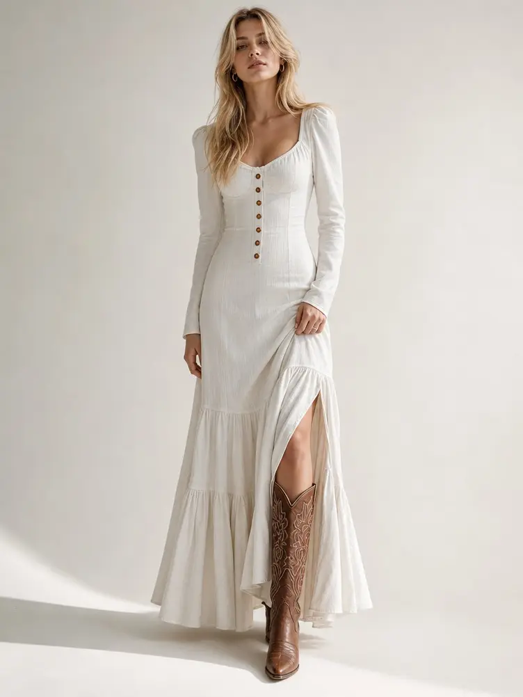 2026 Western Vintage Long Sleeve Maxi Dress V Neck Button Front High Slit Ruffle Hem Fitted Country Outfit Ideal For Cowgirl Festival Ranch Photoshoot Date Night Outdoor Gathering Vacation Boho Trendy Women Elegant Flowy Party Outfit