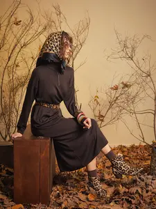 High-Neck Cotton Knit Dress with Zipper - Brown, Autumn Fashion, Elegant & Comfortable Maxi Dress, 95% Cotton, 5% Elastane, Stylish Women's Casual Wear