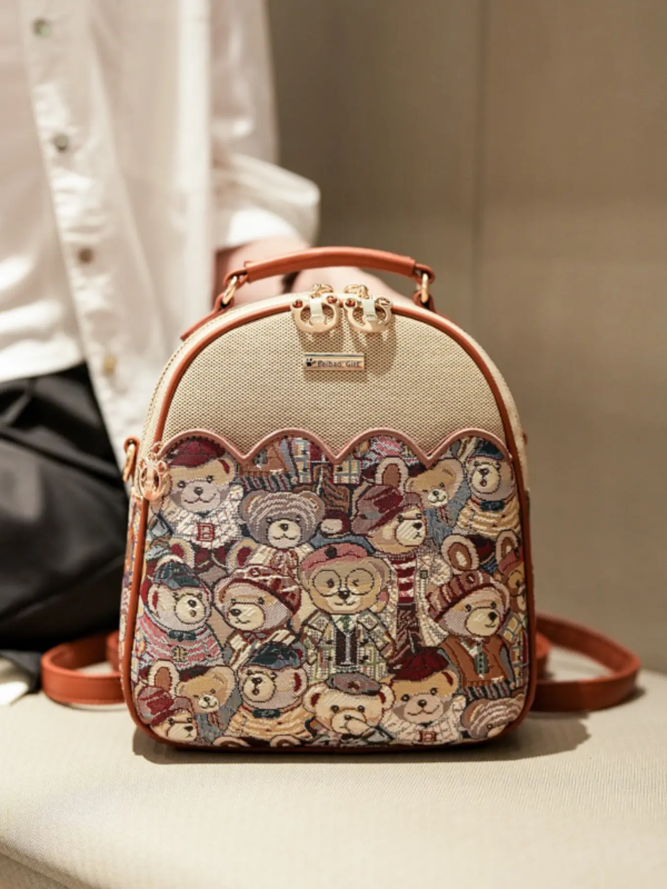 Fashion Bear Print Backpack, Small Bear Embroidered Bag, Large Capacity Commuter Backpack, Casual Versatile Student Bookbag, Kawaii Backpack, College Travel Backpack