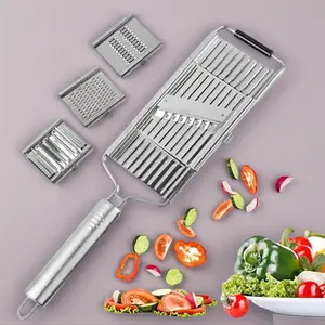 Stainless Steel 4 in 1 Multi-Purpose Vegetable Slicer Handheld Cheese Grater & Chopper with 4 Adjustable Blades Non-Slip Silicone Top Hanging Hole Kitchen Utensils Set