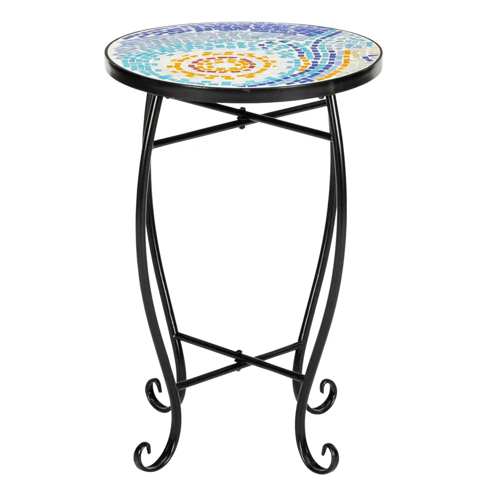 Blue Hawaiian Mosaic Bistro Table, 14" Round Concrete Top Side Table for Porch Decor, Tropical Indoor/Outdoor Accent for Poolside, Compact & Rust-Resistant, Patio Furniture Sets, Beach Theme, Steel Pipe, Small Corners, Anti-Rust Coat, 14" Dia., 14 Inches