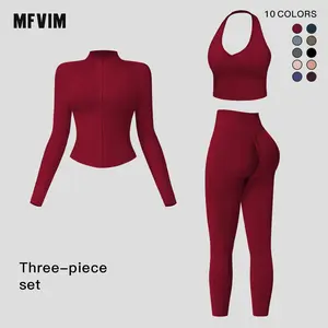 MFVIM Women's Solid Criss Cross Crop Tank Top High Waist Leggings Zip Up Crop Jacket Tracksuit Set Breathable Comfortable Yoga Workout Gym Athletic Activewear Textured Sweatsuit Thermal Lined Sports SpringStatements