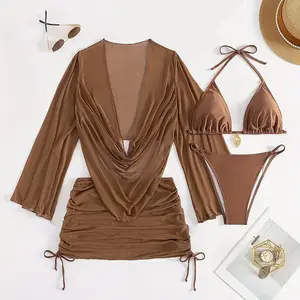 Women's 4-Piece Bikini Set - Halter Top, High-Cut Bottom, Ruched Mini Skirt, Long-Sleeve Mesh Cover Up, Bathing Suit Women Set, Sexy Swimsuits for Summer Beach Vacation Outfits