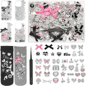 100 Pcs Bling Flat Back Junk Charm Kit for Socks Shoes Phone Cases Bracelets DIY Accessories Silver Pink Bows Hearts Stars Rhinestone Charms Christmas Gift for Girls