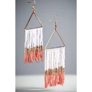 Coral and Gold Beaded Triangle Fringe Earrings