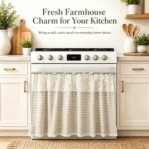 1 PC Light Coffee Oven Curtain Vintage Buffalo Plaid Kitchen Curtain Valance Stitching Crochet Tie Top Cafe Curtain Short Curtain Tier Light Filtering Rustic Half Window Drapes