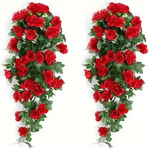 2pcs Set Of Artificial Rose Vine, Garden Fence, Plastic Hanging Basket, Plants, Resistant Exquisite Simulated Roses, Wedding Engagement Outdoor Indoor Home Decoration, No Container, No Battery