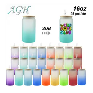 USA 25pcs 16oz Ombre Frosted Glass Cans Glass Tumblers with Bamboo Colored Lid and Straw Sublimation Blank Wholesale Blanks for Cold Coffee Juice Tea Soda