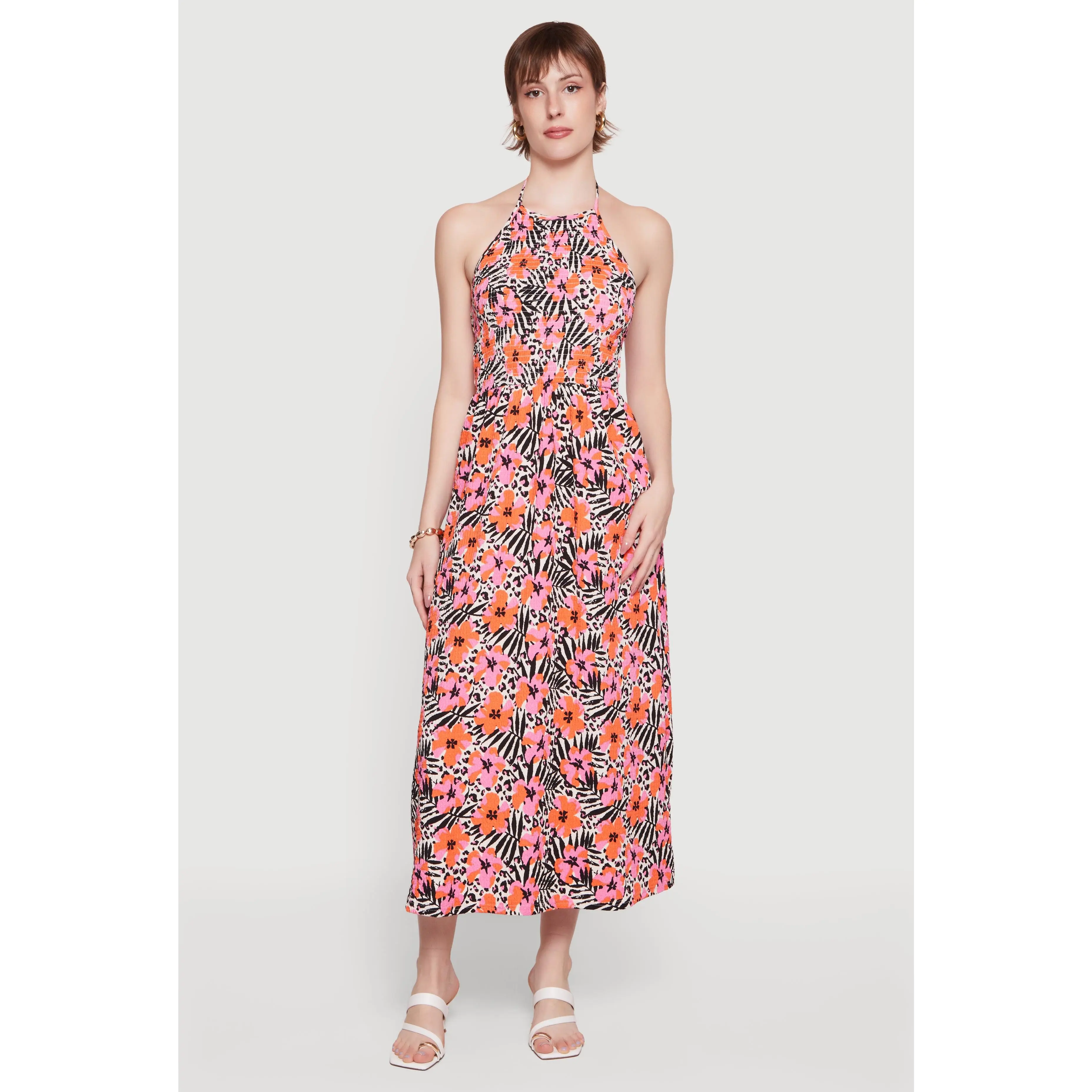 Floral Animal Print Textured Knit Halter Maxi Dress