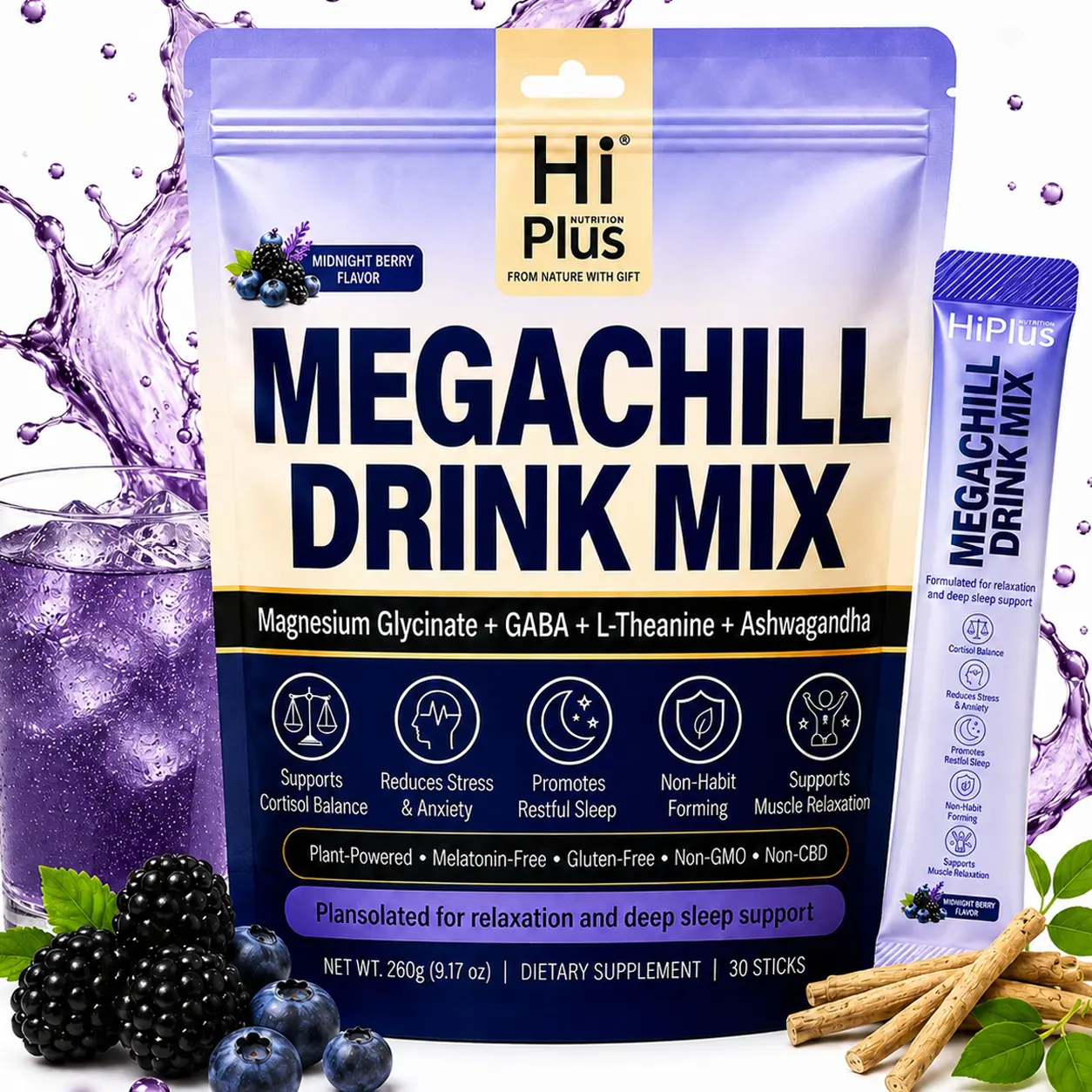 HiPlus MEGACHILL Drink Mix with KSM-66 Ashwagandha,Vitamin D3,Magnesium & L-Theanine Supports Cortisol Balance Mood Sleep 30 Servings Travel Packets Dietary Supplement